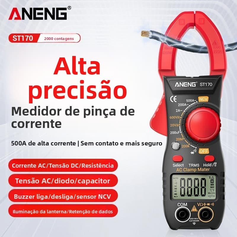 [Oferta] Alicate Amperímetro Digital ANENG ST-170 Multímetro Alta Precisão Portátil Reparo Eletricista