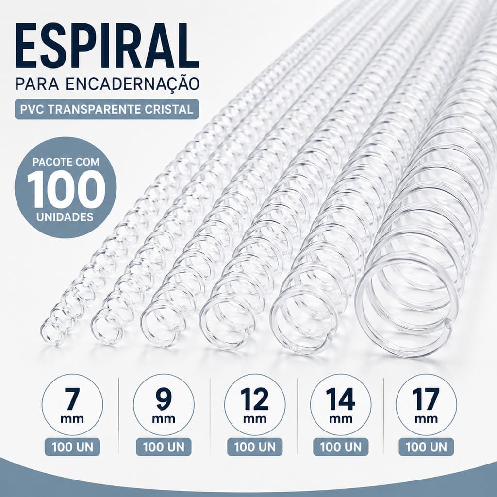100 Espirais para Encadernação Transparente Cristal PVC 7mm 9mm 12mm 14mm 17mm A4 Ofício