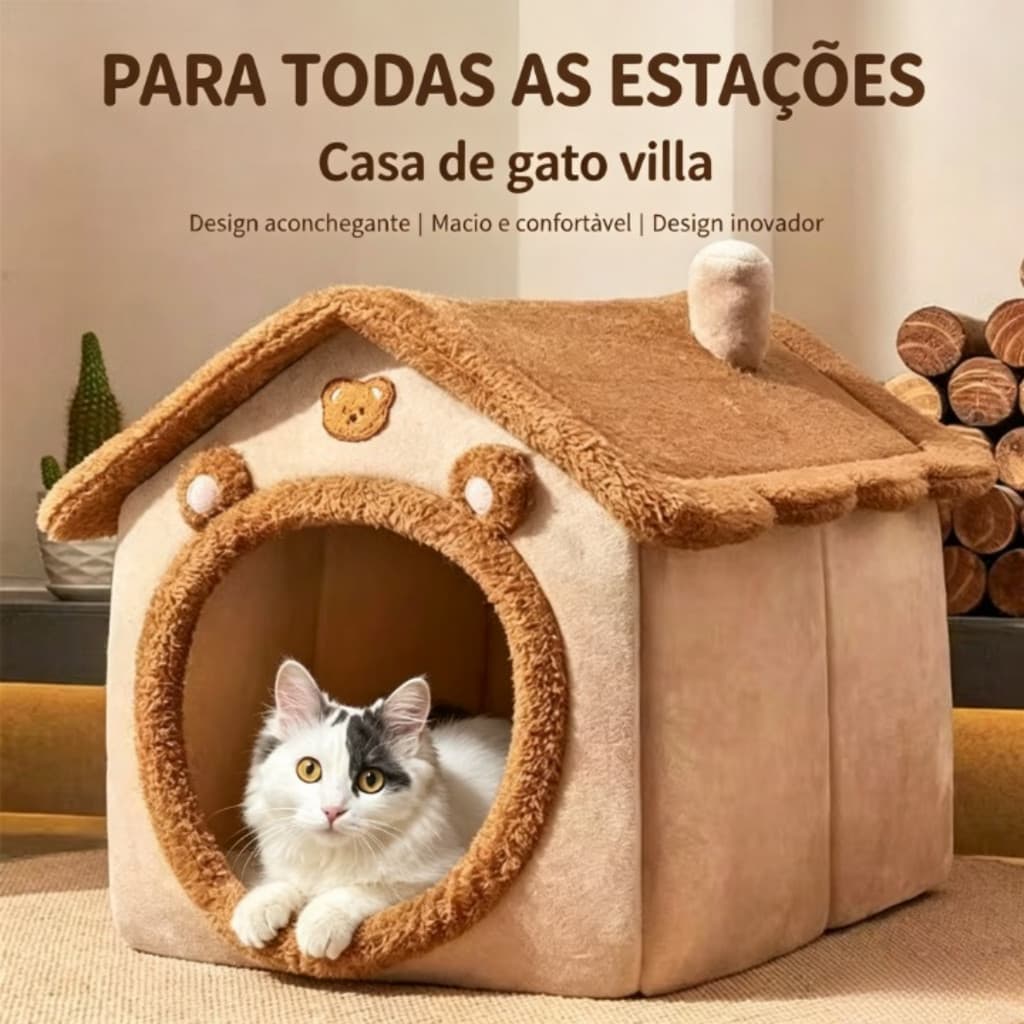 Cama luxuosa para animais de estimação em formato de casinha com ursinho fofo, ideal para cães e gatos