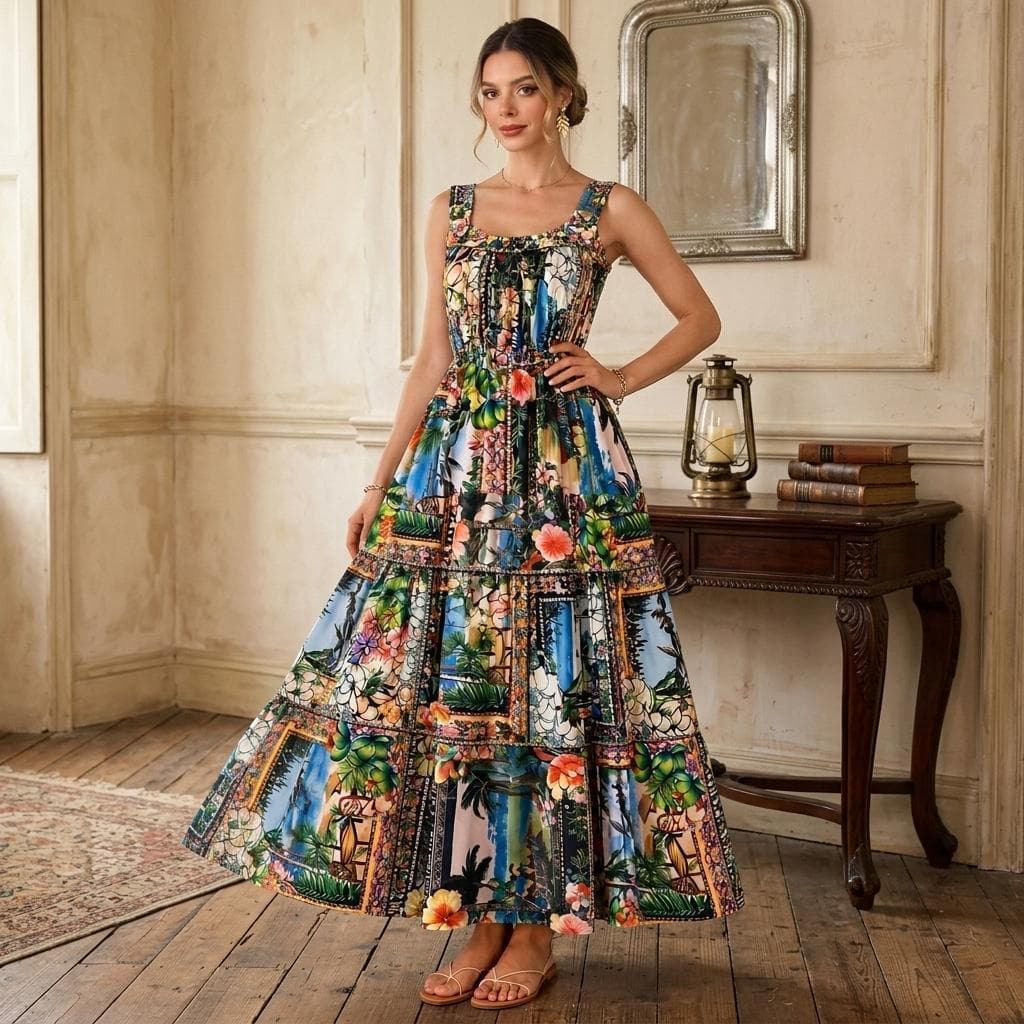 Vestido Longo Feminino Maxi em Algodão Estampa Tropical Colorida Cintura Alta Vestido Verão Praia Férias