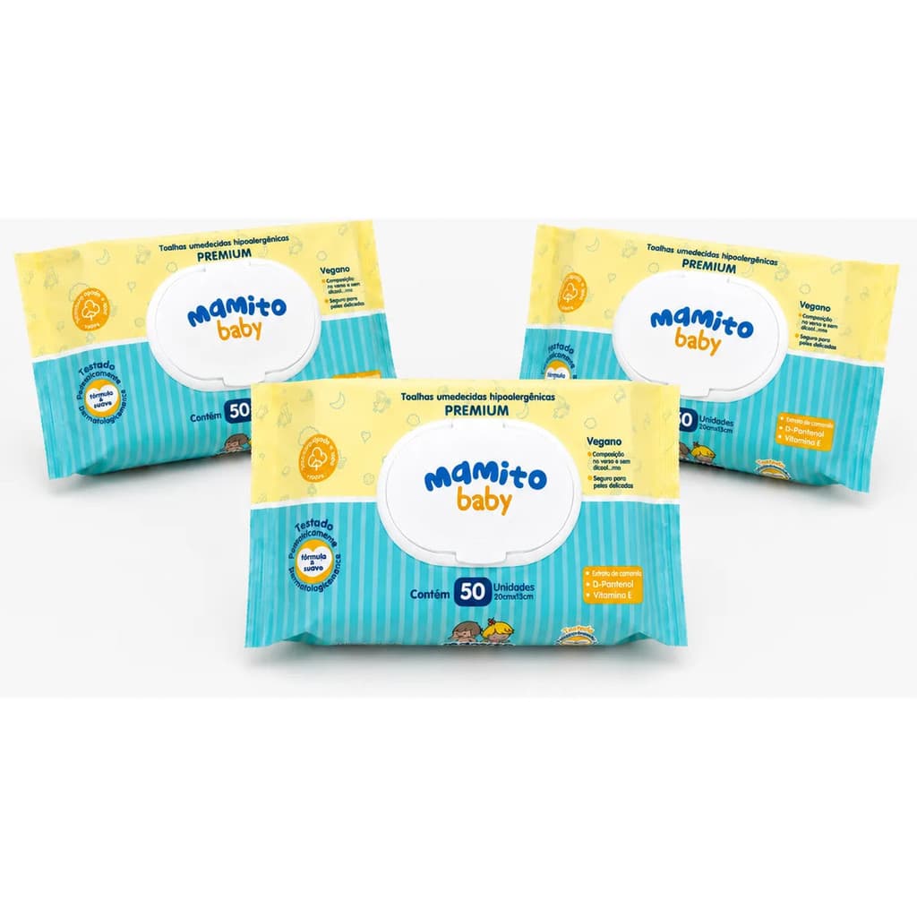 Kit 3 Pacotes Lenço Umedecido Bebê Mamito Baby Com Tampa - 50 Folhas