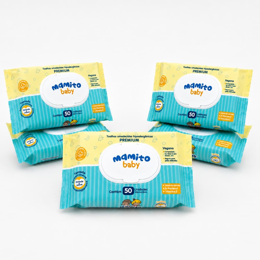 Kit 5 Pacotes Lenço Umedecido Bebê Mamito Baby Com Tampa - 50 Folhas