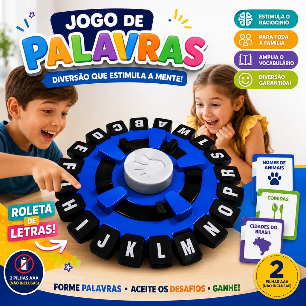 Jogo Stop de Palavras com Temporizador e Trava Letras Tabuleiro Educativo Família 21cm