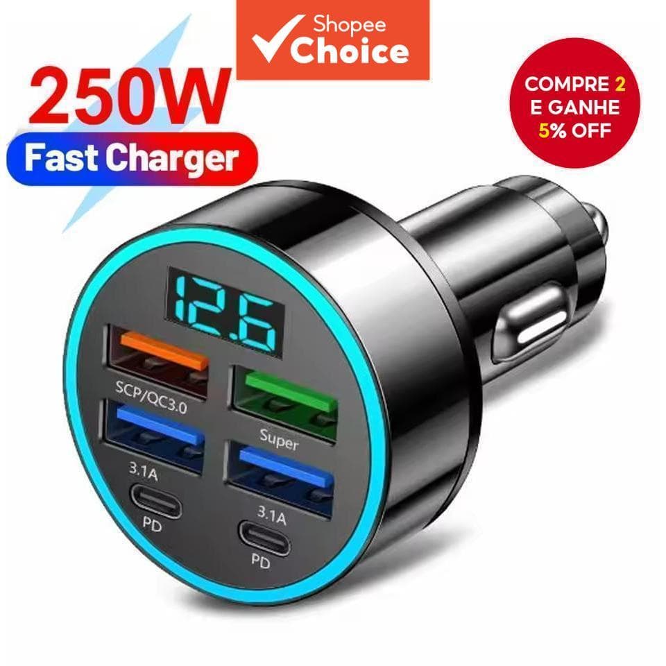  250W Carregador de Carro USB PD QC3.1 USB C Carregador de Celular para Carro Adaptador Tipo C para iPhone Samsung