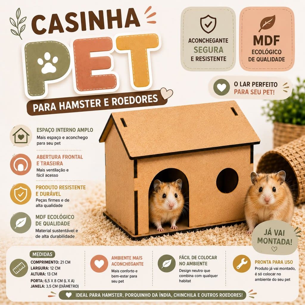 Casinha para Hamster Ramster em MDF Abrigo Pet para Roedores com Porta e Janela Já Montada