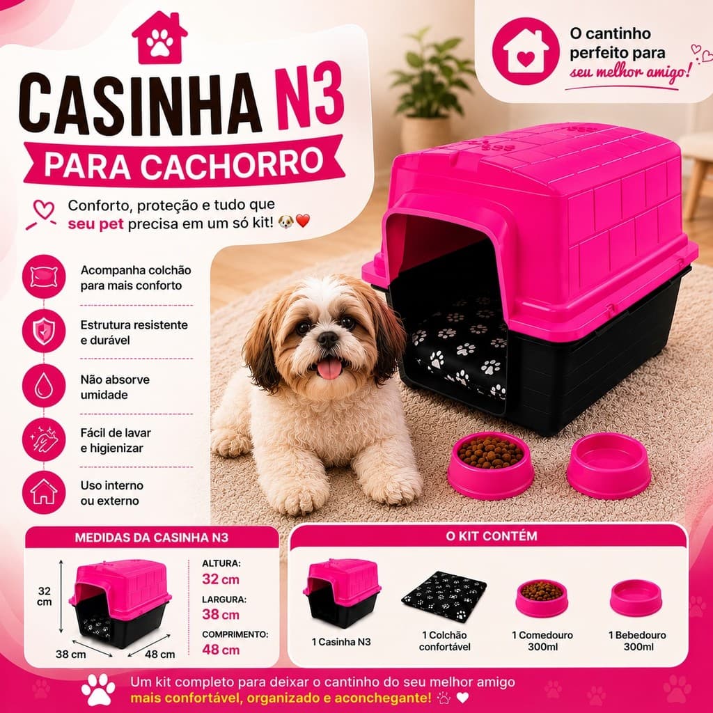 Casinha De Cachorro Com Caminha Confotável com Comedouro e Bebedouro Casa Para Cães Premium N3