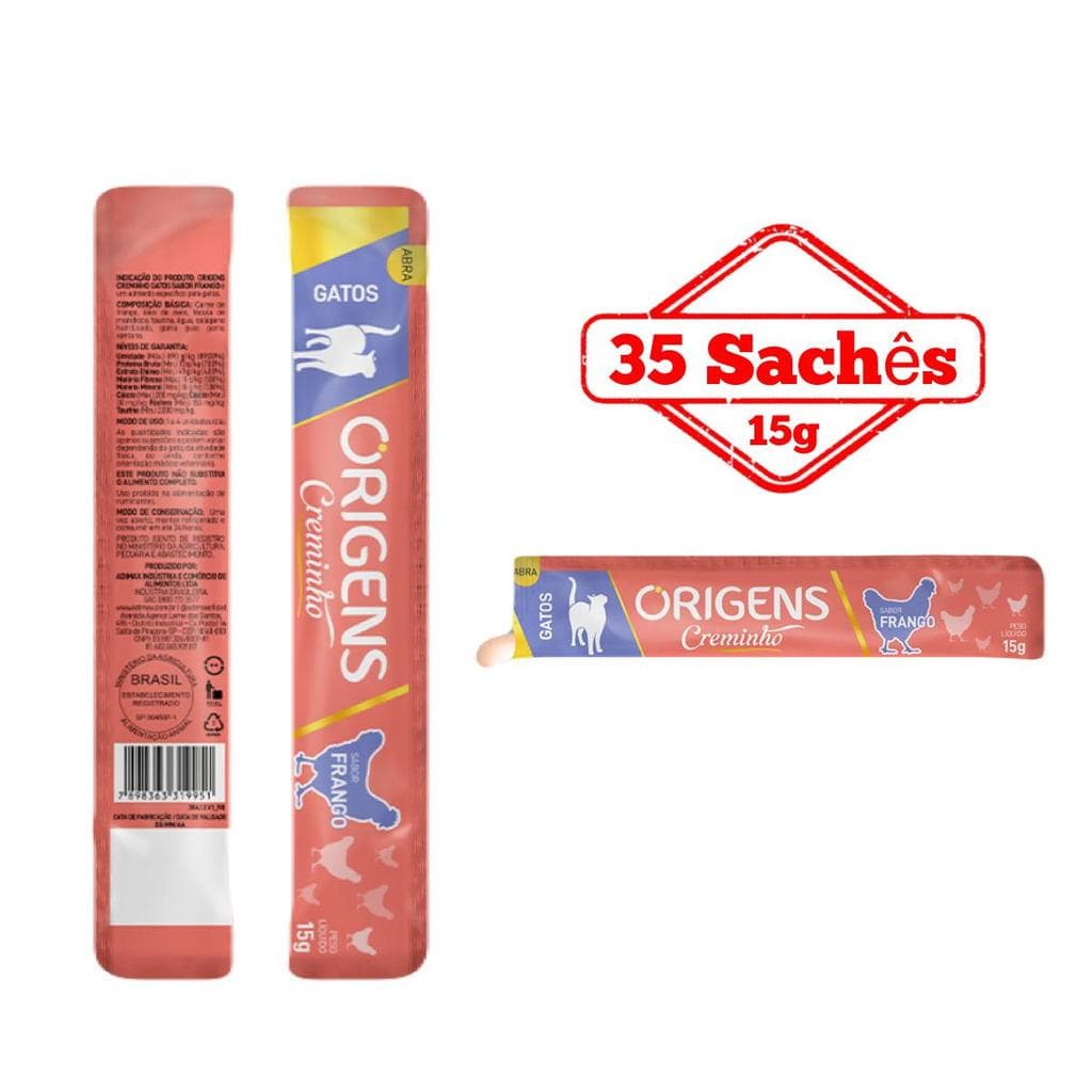 Petisco Cremoso Para Gatos Origens Creminho Snack Saudável Premium Sabor Frango 15g 35 Un.