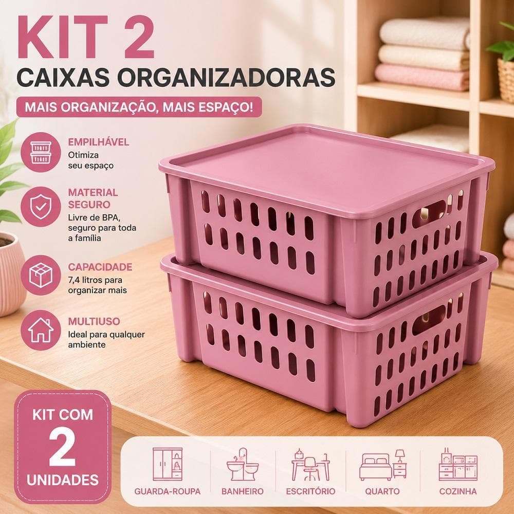 KIT 2 CAIXA ORGANIZADORA INFANTIL EMPILHAVEL ROSA CESTO 7,4L GAVETEIRO VAZADO COM TAMPA MULTIUSO GUARDA ROUPA BANHEIRO E
