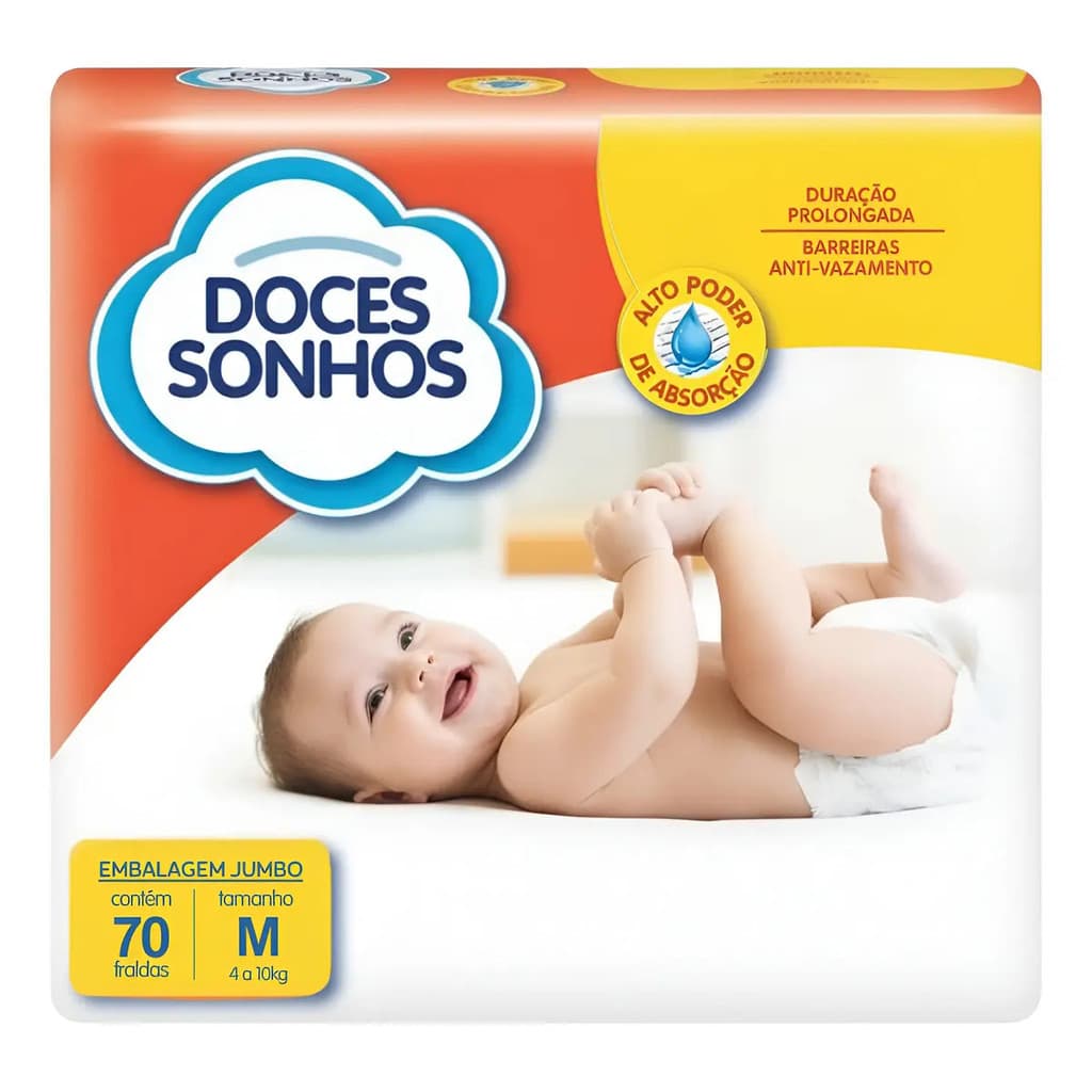 Fralda Descartável Infantil Doces Sonhos M 70 Unidades - Super Absorção 10h Antivazamento - Últimas Unidades!
