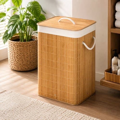 Cesto Organizador Roupas Tampa Alca Bambu Capacidade 50 Litros Banheiro Lavanderia