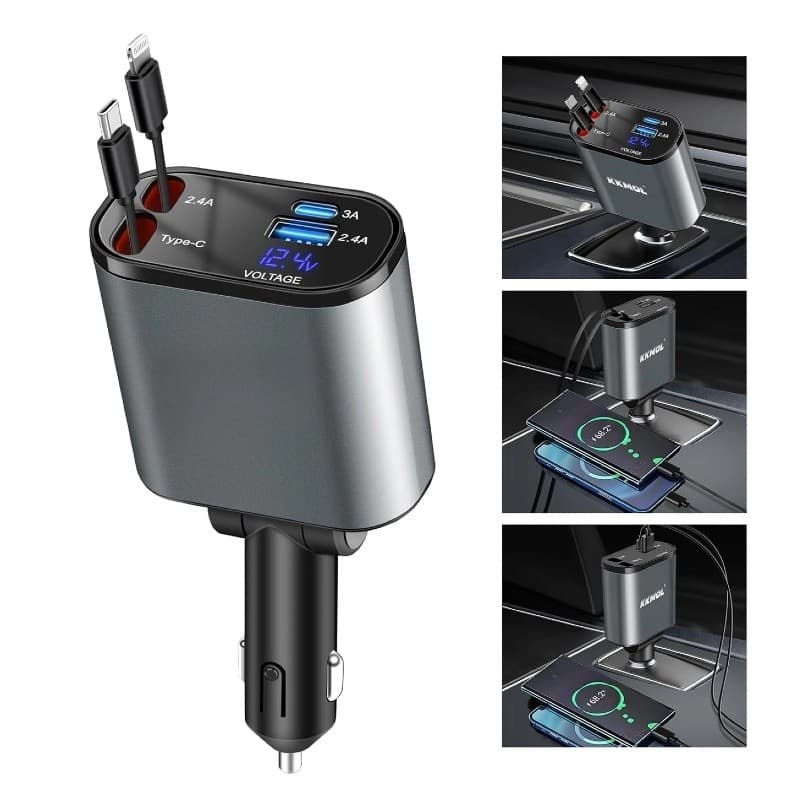 Carregador Veicular 4 em 1 com Cabos Integrados e Giro 180°, USB‑C + Lightning, Carregamento Rápido