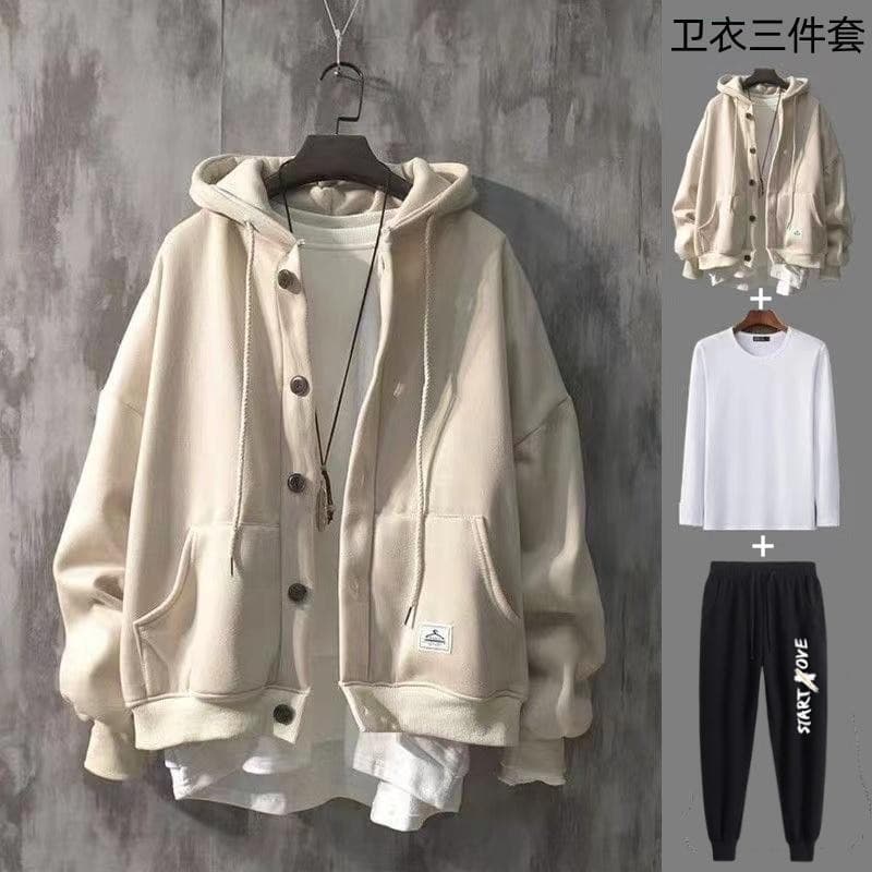 Primavera outono moletom com capuz jaqueta masculina Casual esportes três conjunto um conjunto moletom masculino coreano