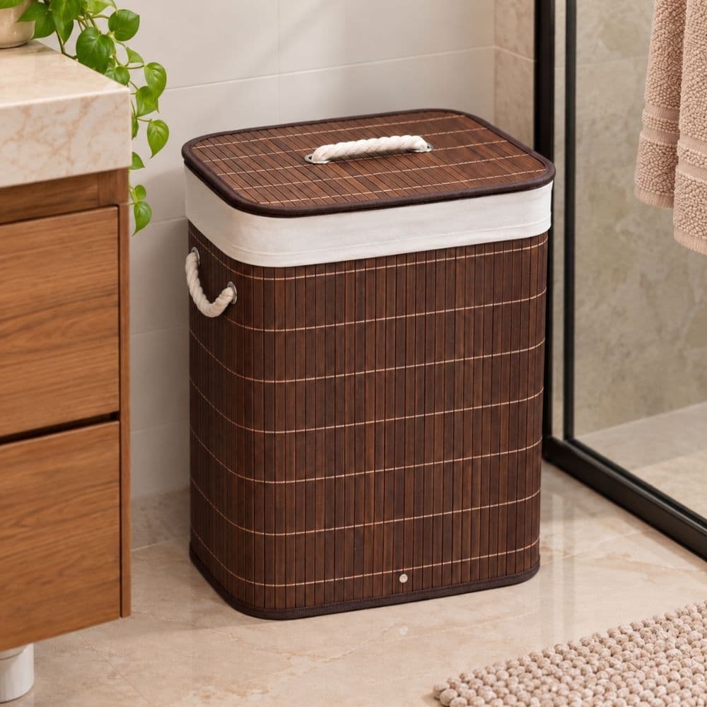Cesto Organizador de Bambu Marrom 70L com Alça e Tampa - Ideal para Roupas, Lavanderia, Quarto e Banheiro