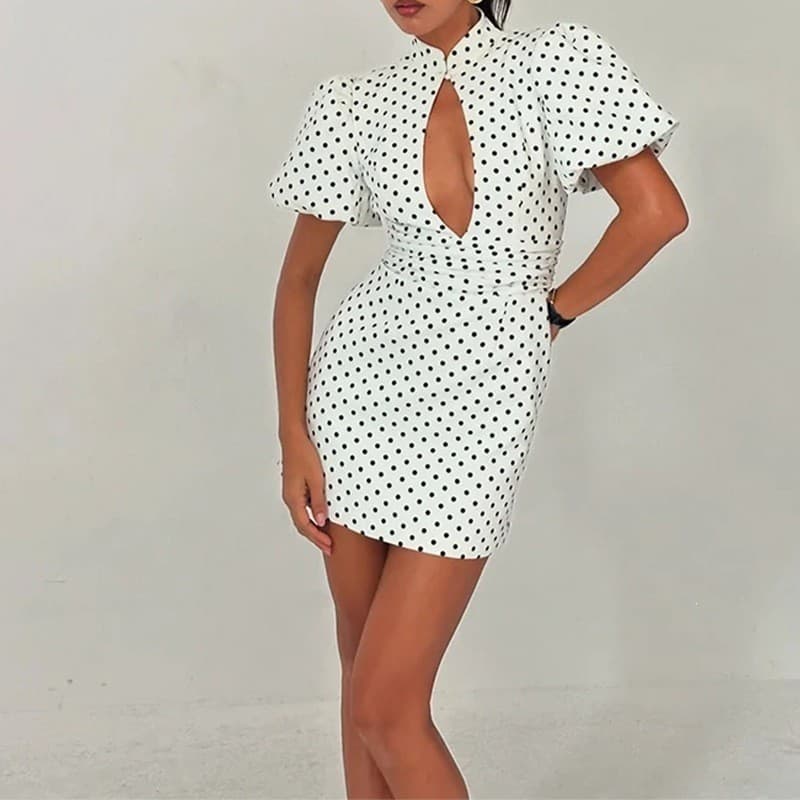 Vestido feminino europeu americano vestido de verão feminino moda elegante oco vestido de bolinhas