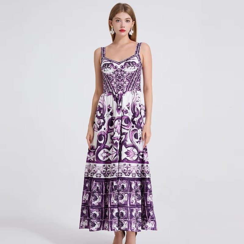Feminino Vintage Impresso Posicionamento Vestido De Festa Verão Estilingue Cintura Alta Cinching Elegante Vestidos Longo