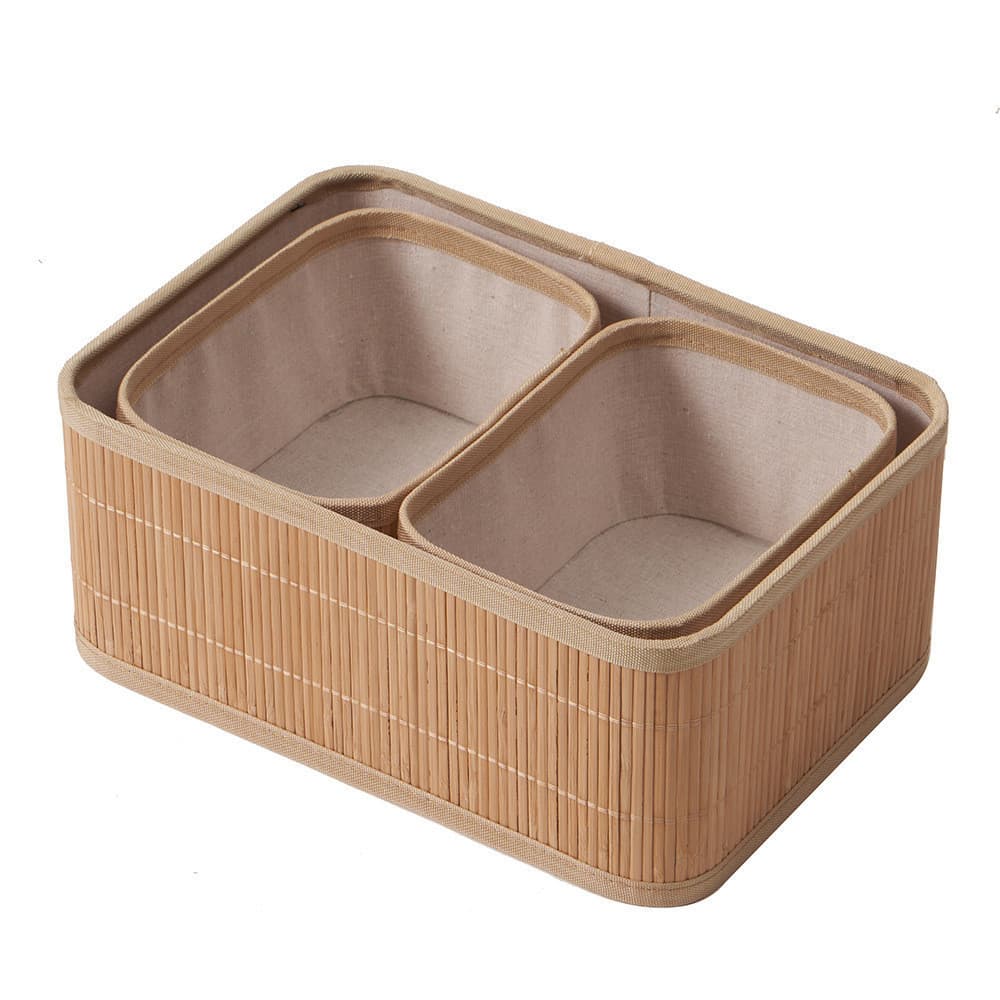 Kit 3 Cestos Organizadores de Bambu Multiuso Forro Organizador Objetos Quarto Roupa Banheiro