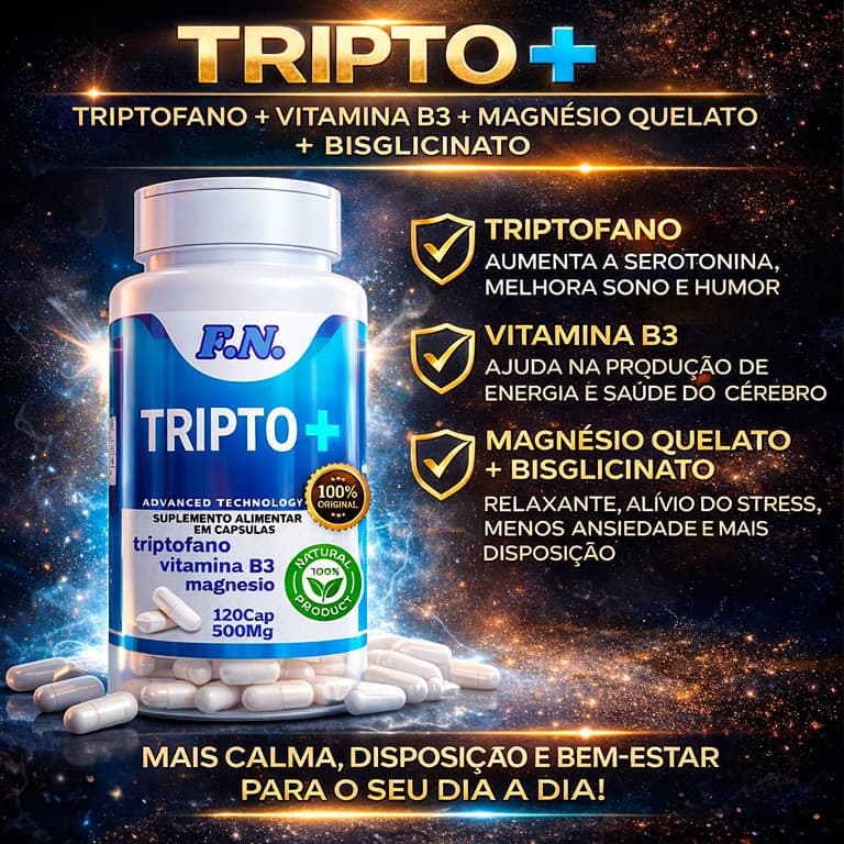 Mix suplemento Triptofano + Magnésio + Vitamina B3 Suplemento Natural Sono Humor Energia 120 capsula