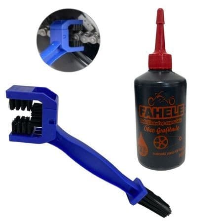 Escova Dupla Limpeza Para Corrente Transmissão + Oleo Lubrificante Grafitado Moto Bike Universal Envio Rápido