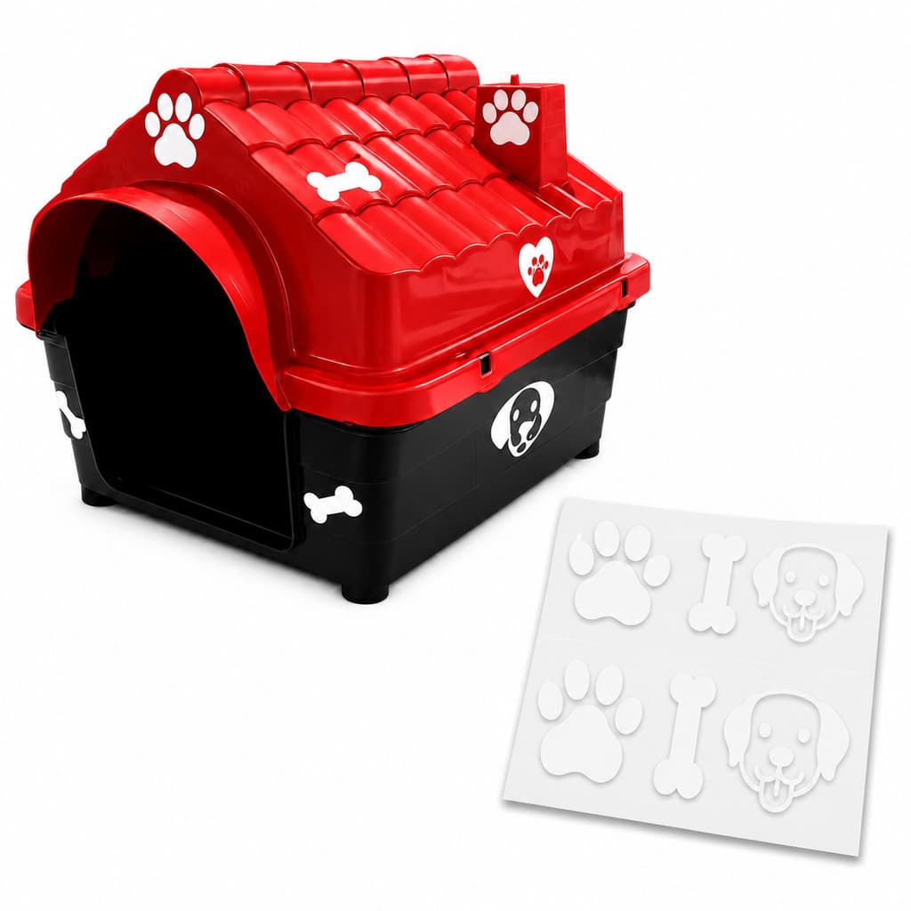 Casa Casinha Pet Grande N5 Vermelha + Adesivos Decorável Pet