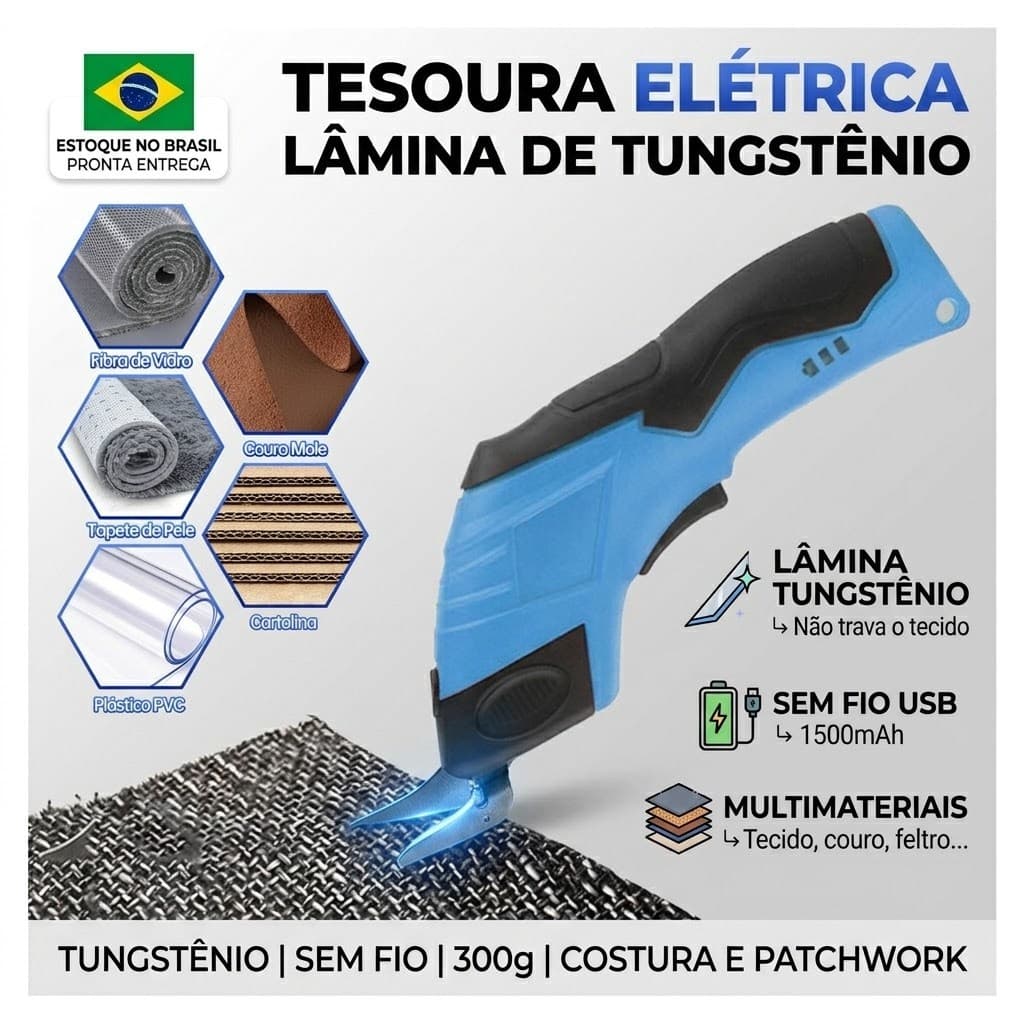 Tesoura Elétrica para Tecido Recarregável USB Sem Fio Lâmina de Tungstênio Costura Patchwork Artesanato