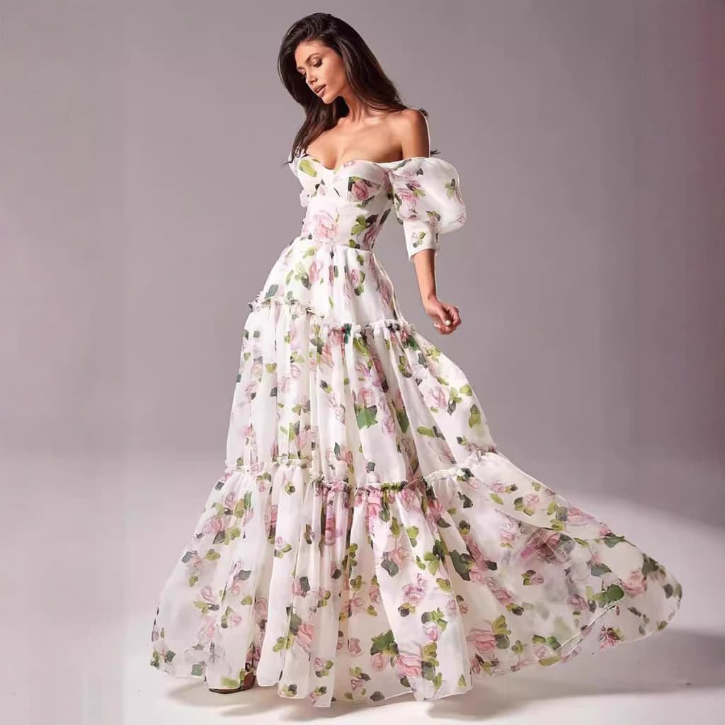 Vestidos encantadores️ Novo vestido feminino europeu e americano com ombros à mostra, elegante vestido longo de noite fe
