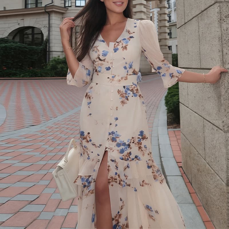 2026 Cross-Border novo vestido Floral francês Retro feminino fungo borda estilingue vestido feminino verão vestido longo