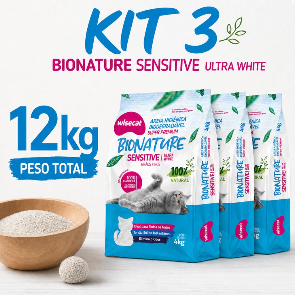 Kit 3 Areia Sanitária De Mandioca 4kg Grãos Finos Para Gatos Biodegradável Wisecat 12kg