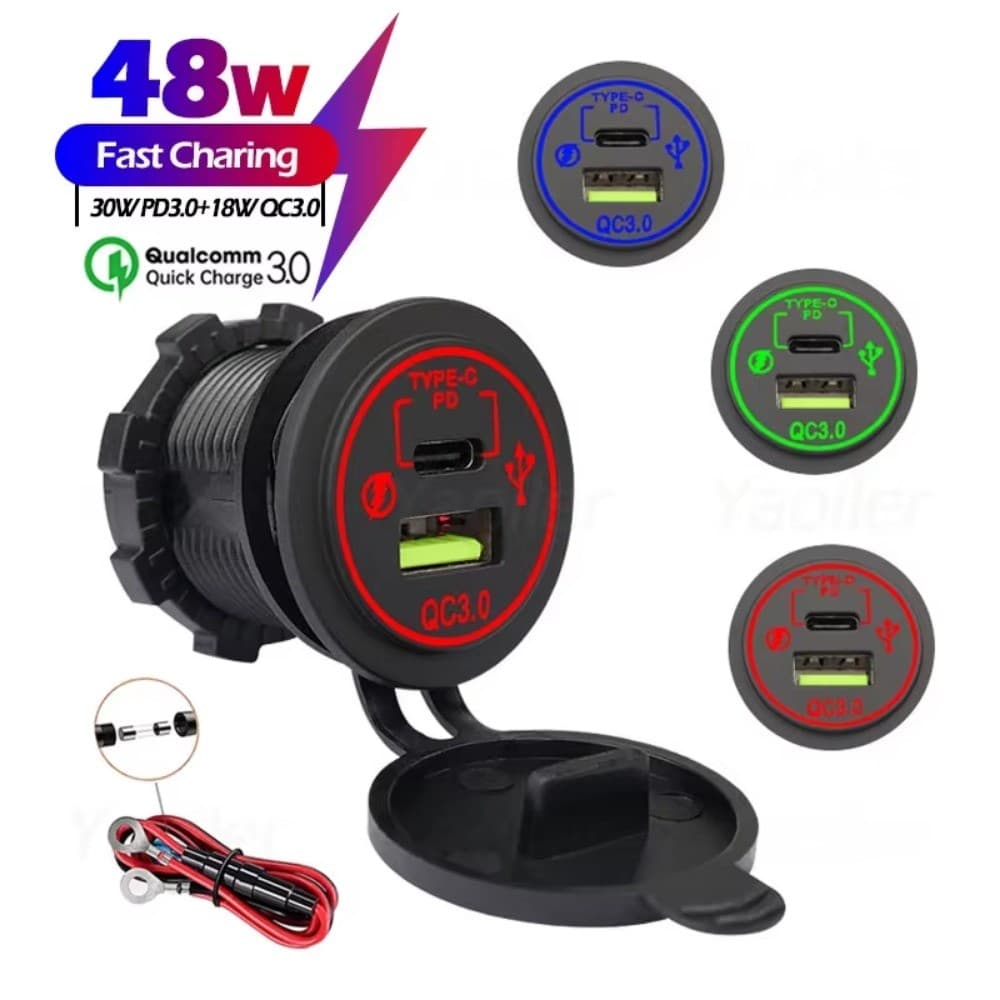 12V Carga Rápida 3.0 USB C Carregador De Carro À Prova Dwaterproof Água QC3.0 PD Rápido Tomada Energia Para Motocicleta 