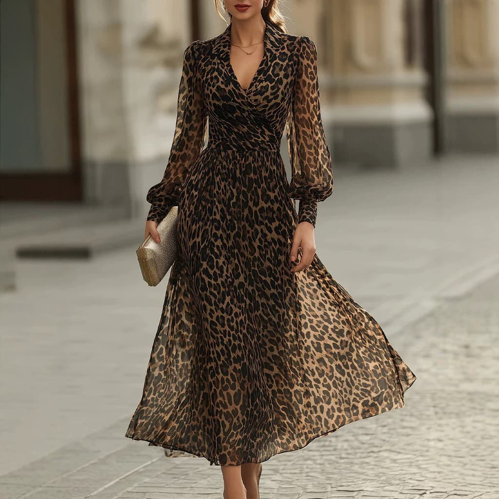 Vestido feminino com decote em V estampa de leopardo manga comprida elegante moda elegante vestido longo feminino