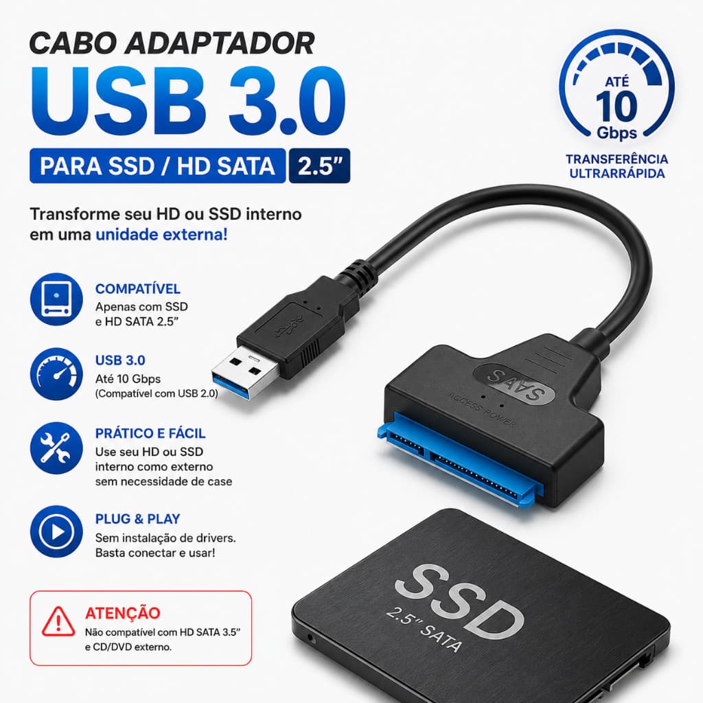 Cabo Adaptador SATA para USB 3.0 Leitor de SSD e HD 2.5 Pol Conversor Alta Velocidade para PC Notebook HD Externo PC