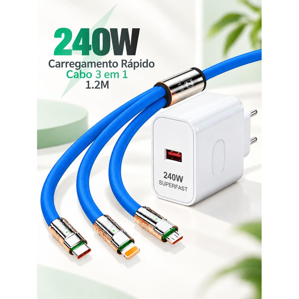 Cabo Carregador 3 em 1 6A Carga Rápida Tipo C iP Micro USB Silicone LED 1.2M com Fonte 240W USB A para Celular