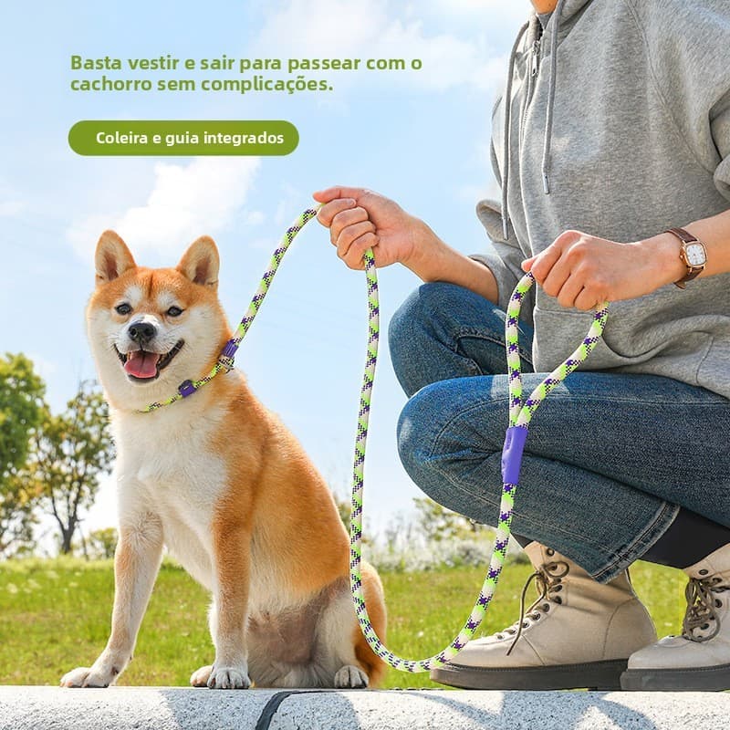 [Coleiras e Guias para Animais de Estimação] Coleira integrada para cães, guia em forma de P, guia de nylon trançado ref