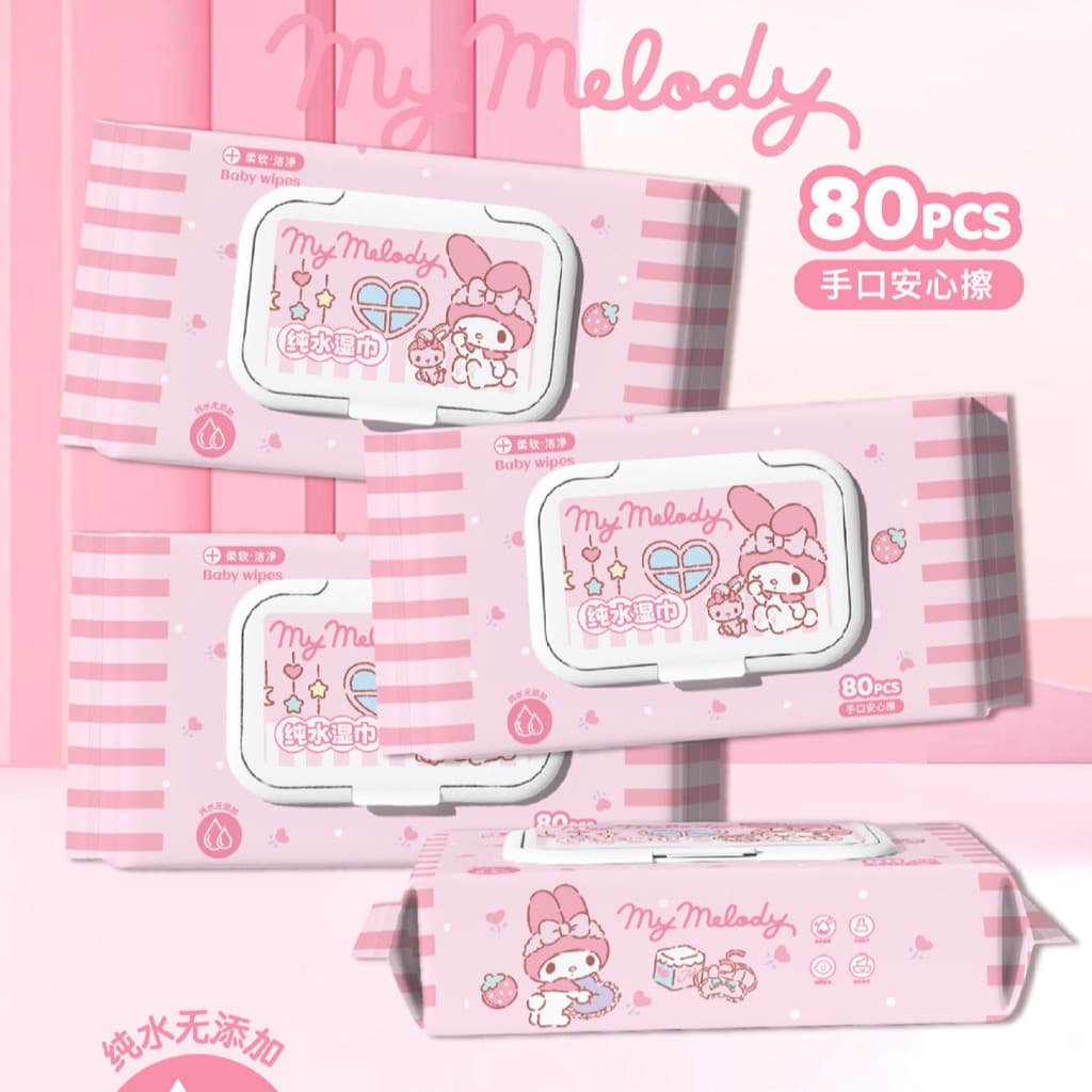 Toalhetes de limpeza Sanrio Melody Lenços umedecidos para bebês 80 unidades portáteis para mãe e bebê Lenços umedecidos 