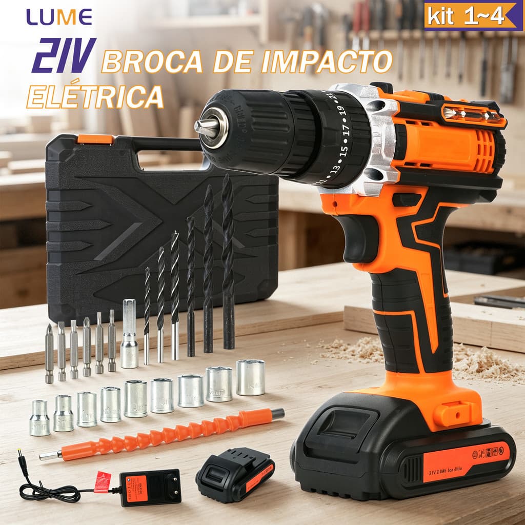 Furadeira Parafusadeira Impacto 21V Bivolt 2 Baterias 30Nm Motor Cobre Com 24 Pçs 2 Velocidades