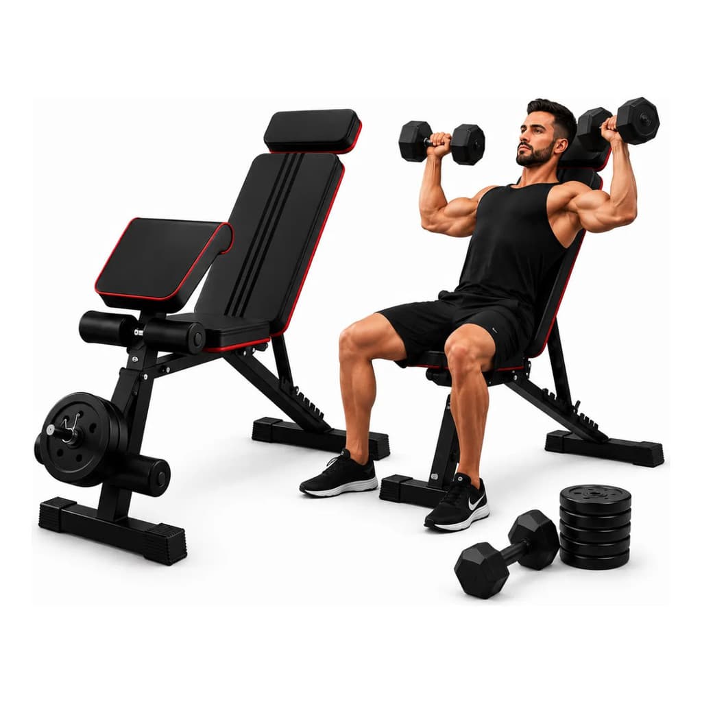 Banco de Musculação Supino Regulável 7 Posições Até 120kg Dobrável Halteres Academia Treino em Casa Preto e Vermelho