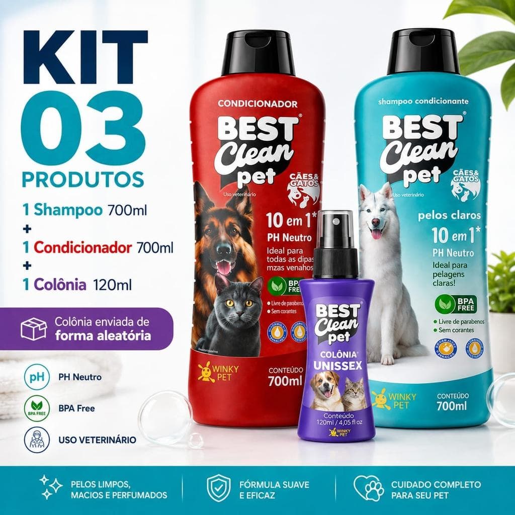 Kit Shampoo Pelos Claros 10 em 1 700ml + Condicionador 700ml + Colônia 120ml - Best Clean Pet, para cães e gatos