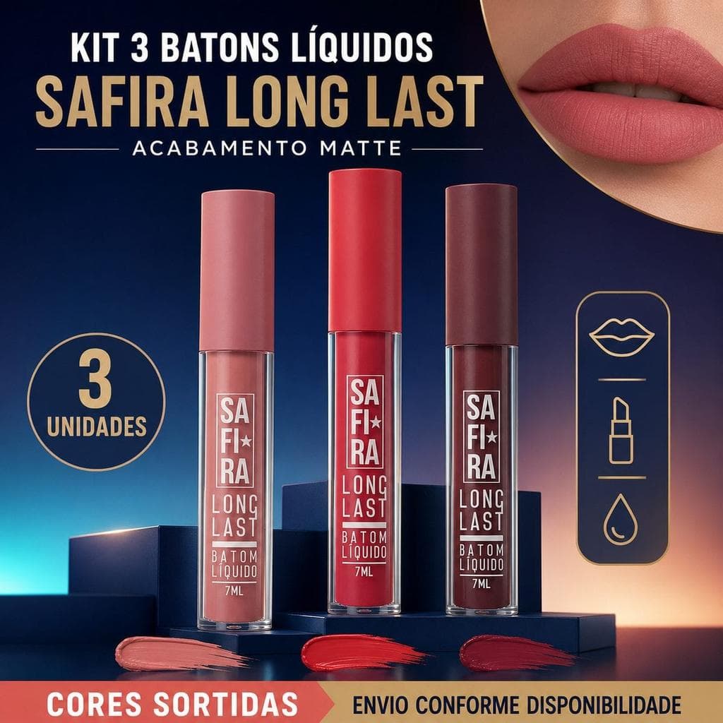 Kit 3 Batons Líquidos Matte Safira Long Last - Cores Sortidas