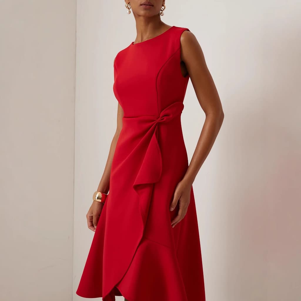 2026 Roupas femininas independentes em pé sem mangas vestido temperamento vermelho vestido gola redonda