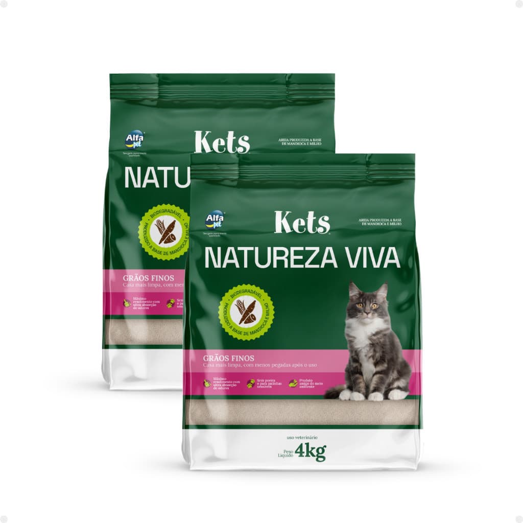 Kit 2 Areia Higiênica Sanitária Gato Mandioca Kets Natureza Viva Grãos Finos 8Kg