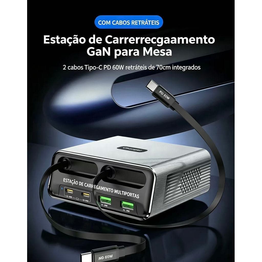 Carregador Rápido GaN 65W Estação de Carregamento 6 em 1 com Cabos Retráteis USB‑C para Celular e Notebook