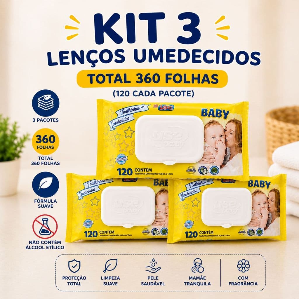 Kit 3 Lenços Umedecidos Bebê 120 Folhas Cada Toalha Umedecida Higiene Infantil 360 Folhas