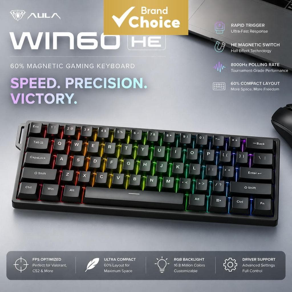 Teclado Mecânico Gaming Aula Win 60HE 60% com Interruptores Magnéticos, Polling Rate de 8KHz, Gatilho Rápido, Troca a
