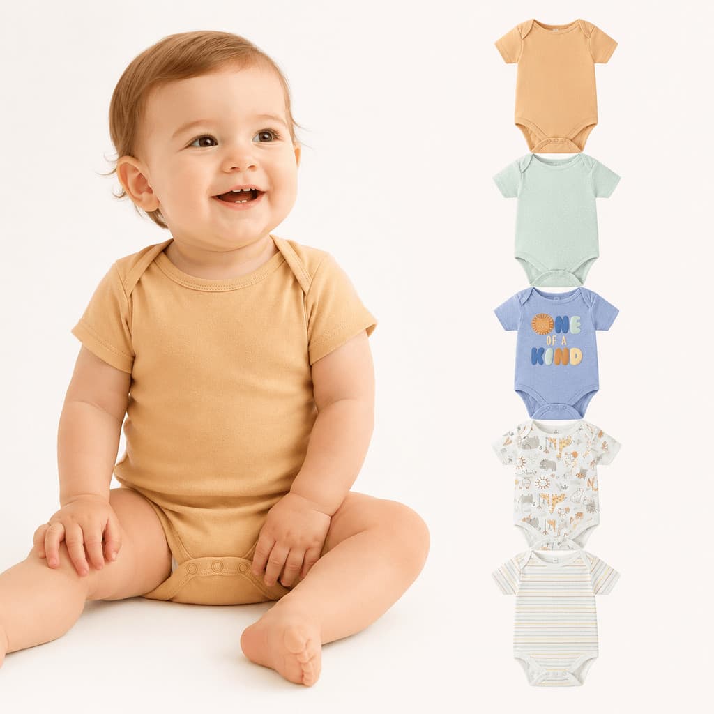 Kit 5 Bodies Bebê Manga Curta 60% Algodão 40% Poliéster Roupa Enxoval Bebê Gola Envelope Botões de Pressão Dia a Dia