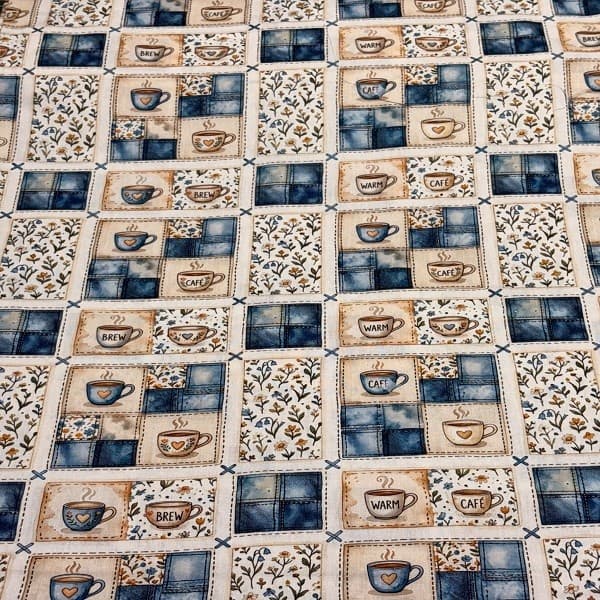 Tecido Tricoline Digital Café Azul Bege Branco Tipo Patchwork