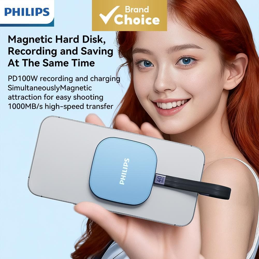 PHILIPS Disco Rígido Externo SSD Portátil Magnético com 512 GB/1 TB, Carregamento PD100W e Transferência de Dados