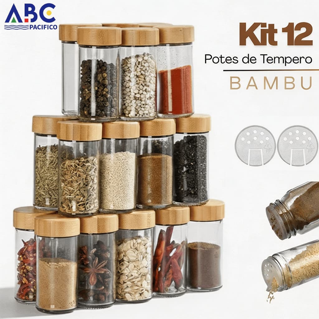 Kit 12/24 Potes Vidro Tampa Bambu Dosadora Porta Temperos Condimentos Cozinha Hermético Organizador Alimentos