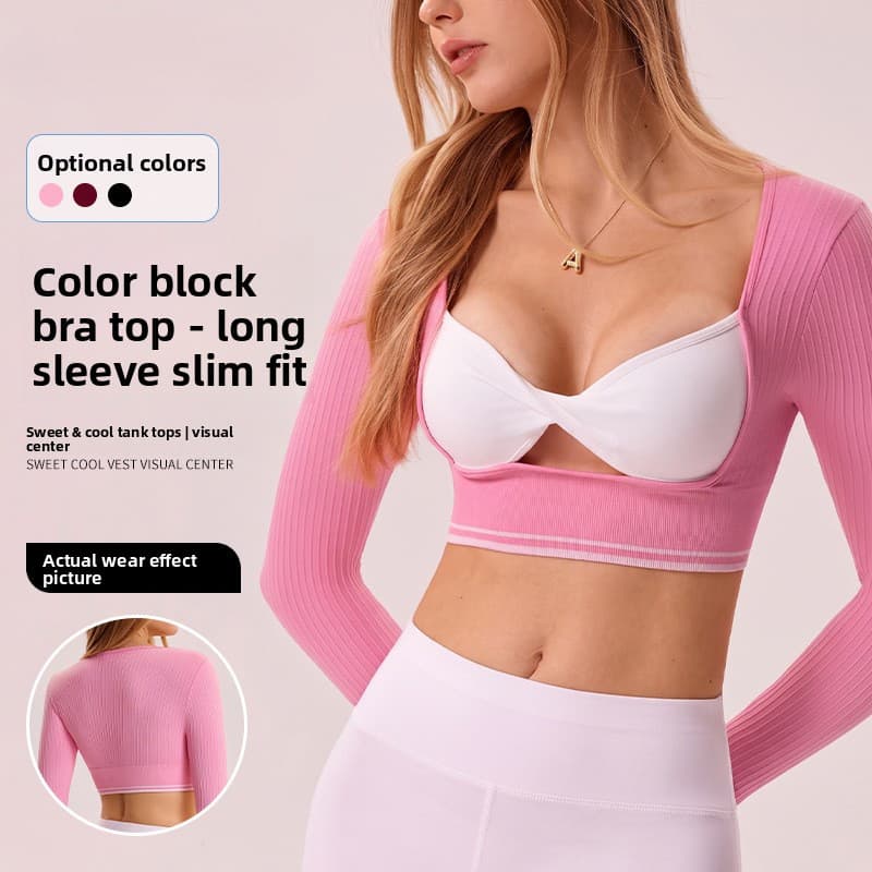Contraste cor roupas de Yoga de manga comprida feminino apertado rosqueado atado roupas de Fitness topo ao ar livre corr