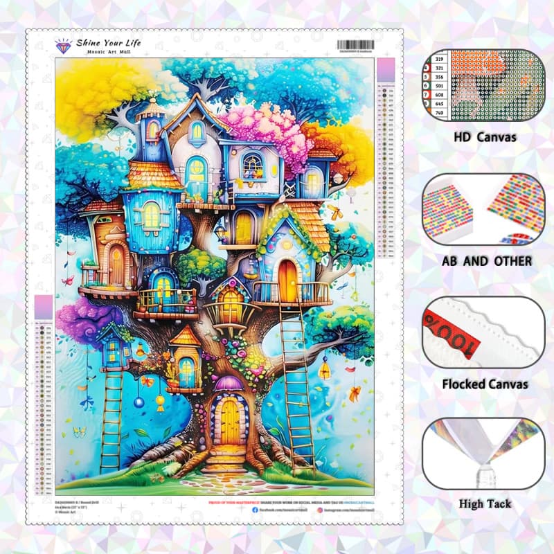[PL Diamantes AB Atualizados + Tecido Flocado] Casa Na Árvore Colorida Fantasia Pintura De Diamante 5D DIY Artesanato Mo