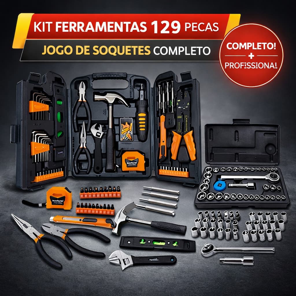 Jogo De Ferramentas 129 Peças Com Maleta + Kit De Chaves E Soquetes