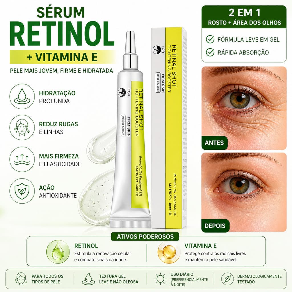 Sérum Retinol + Creme para Olhos Vitamina E Anti-Idade Rugas Linhas de Expressão Hidratação Facial